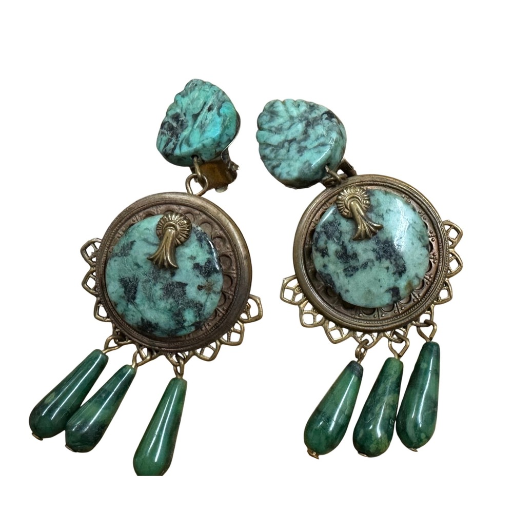 Artisan Brass‎ clip on Earrings green zoisite stones known for emotional healing